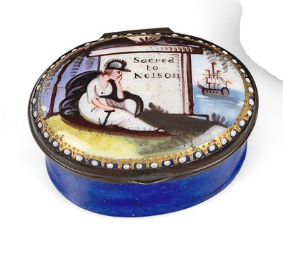 Lot 166 - A BILSTONWARE 'DEATH OF NELSON' ENAMEL PATCHBOX, CIRCA 1805