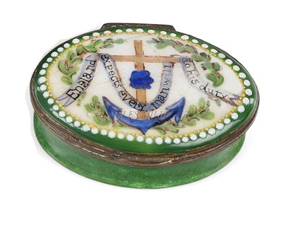 Lot 167 - A BILSTONWARE 'POST-TRAFALGAR' ENAMEL PATCHBOX, CIRCA 1805