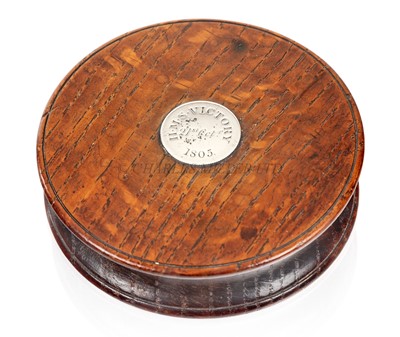 Lot 161 - A 'VICTORY' OAK SNUFF BOX, EARLY 19TH CENTURY