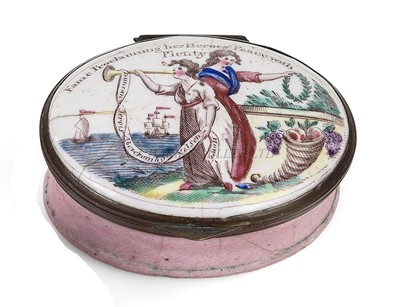 Lot 164 - A BILSTONWARE ENAMEL PATCHBOX CELEBRATING THE PEACE OF AMIENS, CIRCA 1802