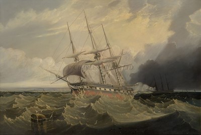 Lot 11 - FOLLOWER OF R. B. SPENCER (BRITISH, 1812-1897) - AN EAST INDIAMAN IN A SWELL