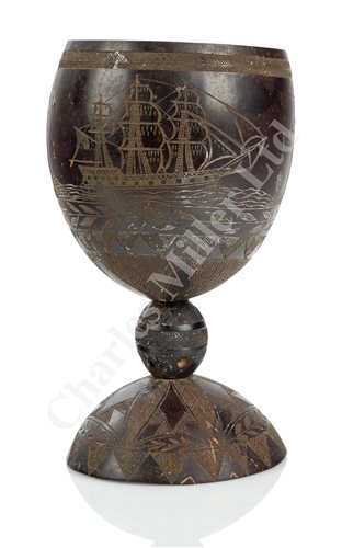 Lot 116 - A SCRIMSHAW-DECORATED COCONUT SAILOR'S SWEETHEART GOBLET, CIRCA 1840