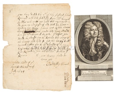 Lot 177 - A LETTER REGARDING PRIZE MONEY FROM SIR CLOUDESLEY SHOVELL, 1674