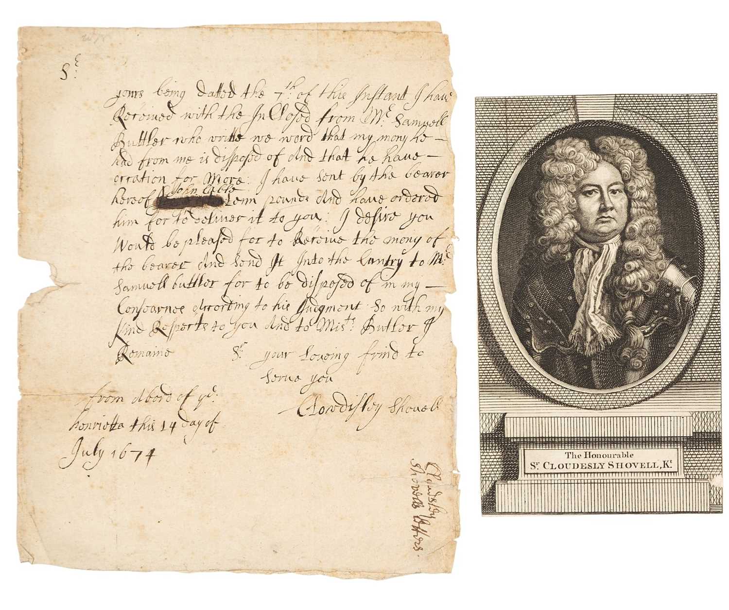 Lot 177 - A LETTER REGARDING PRIZE MONEY FROM SIR CLOUDESLEY SHOVELL, 1674