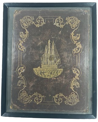 Lot 77 - AN EMBOSSED LEATHER BOUND BOOK COVER DEPICTING H.M.S. 'VICTORY'