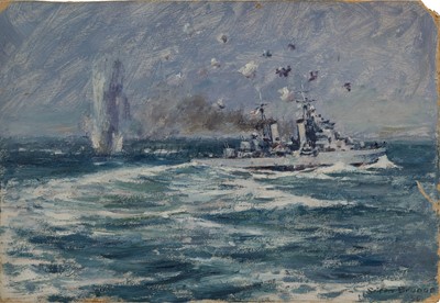 Lot 328 - δ SOREN BRUNOE (DANISH, 1916-1994) H.M.S. 'Dido' beating off air-attack, Mediterranean 1942