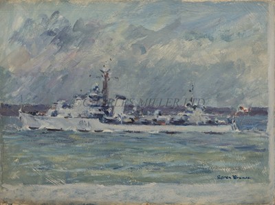 Lot 328 - δ SOREN BRUNOE (DANISH, 1916-1994) H.M.S. 'Dido' beating off air-attack, Mediterranean 1942
