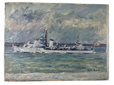 Lot 328 - δ SOREN BRUNOE (DANISH, 1916-1994) H.M.S. 'Dido' beating off air-attack, Mediterranean 1942