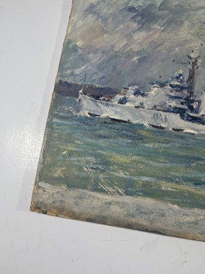 Lot 328 - δ SOREN BRUNOE (DANISH, 1916-1994) H.M.S. 'Dido' beating off air-attack, Mediterranean 1942