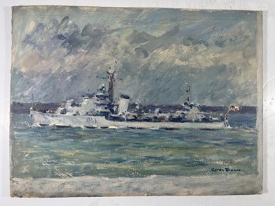 Lot 328 - δ SOREN BRUNOE (DANISH, 1916-1994) H.M.S. 'Dido' beating off air-attack, Mediterranean 1942