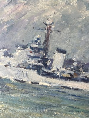 Lot 328 - δ SOREN BRUNOE (DANISH, 1916-1994) H.M.S. 'Dido' beating off air-attack, Mediterranean 1942