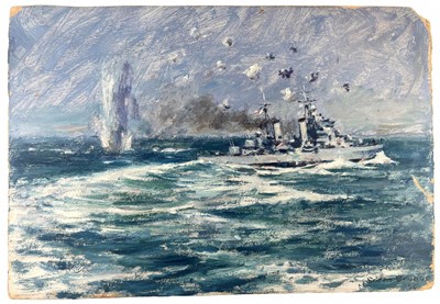 Lot 328 - δ SOREN BRUNOE (DANISH, 1916-1994) H.M.S. 'Dido' beating off air-attack, Mediterranean 1942