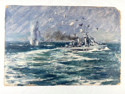 Lot 328 - δ SOREN BRUNOE (DANISH, 1916-1994) H.M.S. 'Dido' beating off air-attack, Mediterranean 1942