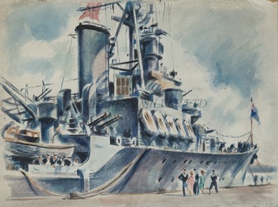 Lot 334 - δ SOREN BRUNOE (DANISH, 1916-1994) The carrier H.M.S. 'Triumph' moored at the quay at Langelinie, Denmark