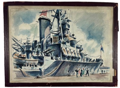 Lot 334 - δ SOREN BRUNOE (DANISH, 1916-1994) The carrier H.M.S. 'Triumph' moored at the quay at Langelinie, Denmark