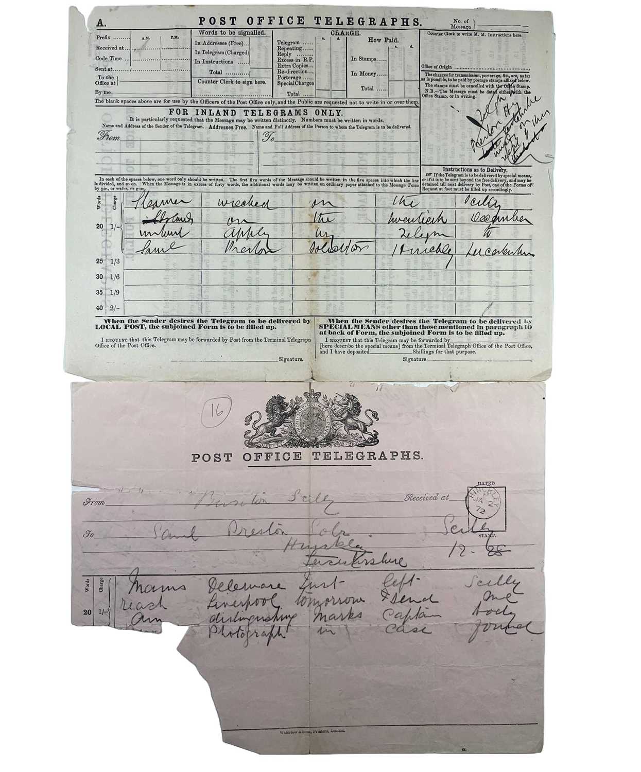 Lot 36 - A PAIR OF POST OFFICE TELEGRAMS REPORTING THE WRECKED ISLE OF MAN STEAMBOAT COMPANY STEAM SHIP DELAWARE, CIRCA 1872
