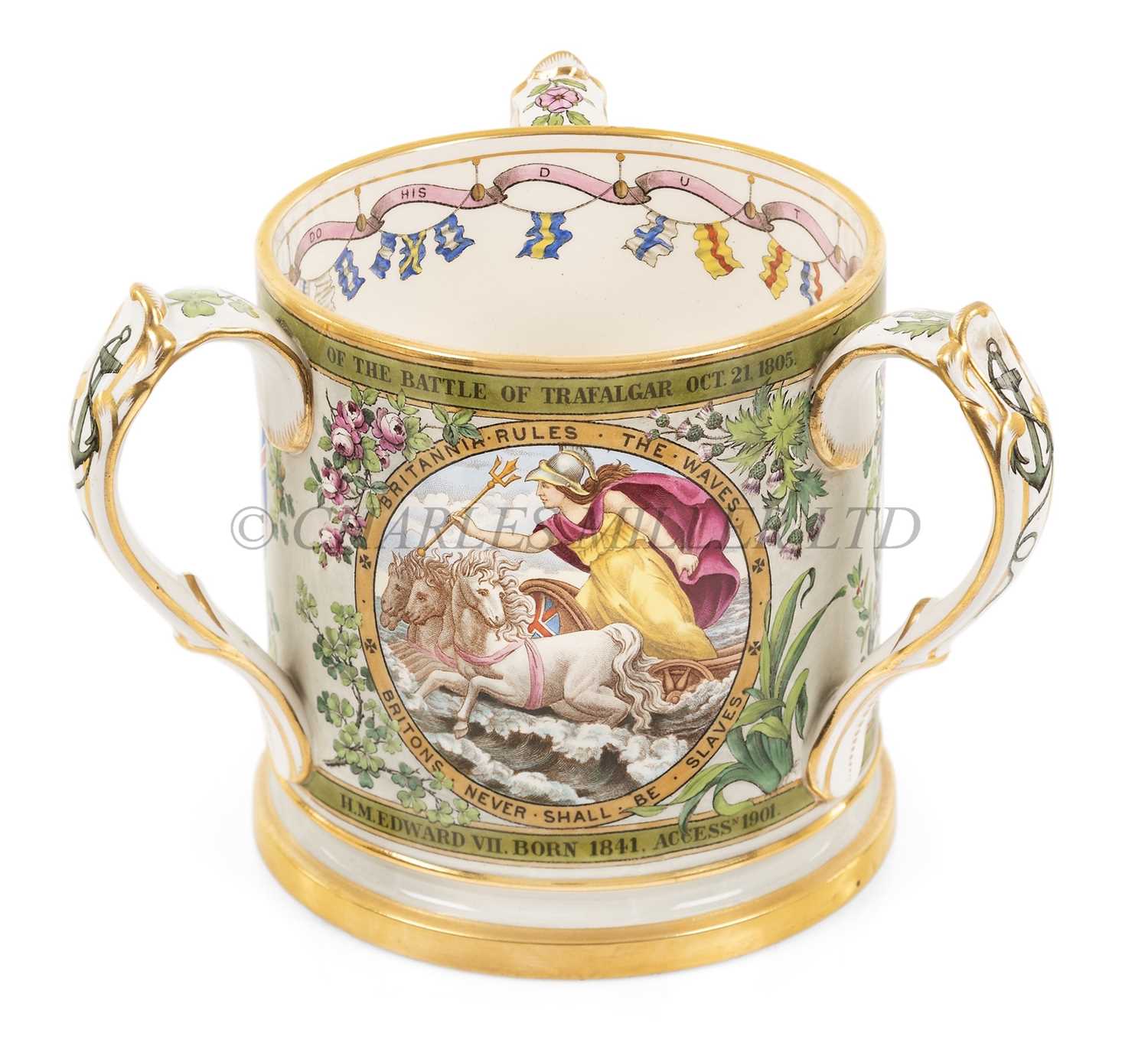 Lot 160 - A TRAFALGAR CENTENARY COPELAND SUBSCRIBER’S COPY LOVING CUP OR TYG, CIRCA 1905