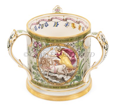 Lot 229 - A TRAFALGAR CENTENARY COPELAND SUBSCRIBER’S COPY LOVING CUP OR TYG, CIRCA 1905