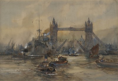 Lot 157 - δ FRANK HENRY MASON (BRITISH, 1875/76-1965) - Shipping passing through an open Tower Bridge with St. Paul's in the distance