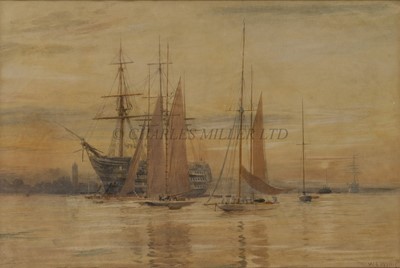 Lot 249 - WILLIAM LIONEL WYLLIE (BRITISH, 1851-1931) - The old 'St Vincent' anchored off Gosport with St. Nicholas' church tower behind