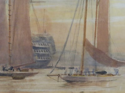 Lot 249 - WILLIAM LIONEL WYLLIE (BRITISH, 1851-1931) - The old 'St Vincent' anchored off Gosport with St. Nicholas' church tower behind