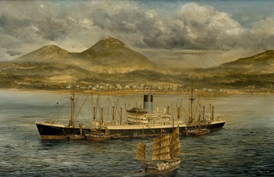 Lot 161 - δ ROBERT G. LLOYD (BRITISH, B. 1969) - Blue Funnels (Alfred Holt & Co) 'Neleus' pictured at Hong Kong with Telegraph Mountain (Kau Yi Chau) in the background