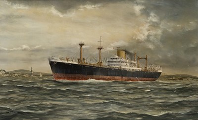 Lot 163 - δ ROBERT G. LLOYD (BRITISH, B. 1969) - MV 'Degema' of Elder Dempster Lines, London pictured off West African coast near Apapa, circa 1968