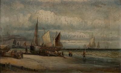 Lot 1 - HUBERT (WILLIAM) ANSLOW THORNLEY (BRITISH, FL. 1858-1898) - The Whitby Fishing Fleet with Whitby Abbey in the distance; The foreshore of Whitby with fishing boats unloading their catch