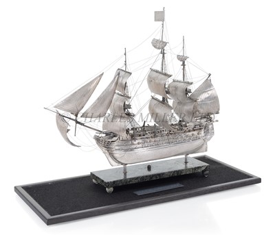 Lot 218 - A PLATED AND WHITE METAL MODEL OF H.M.S. 'VICTORY'