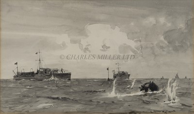 Lot 327 - δ NORMAN WILKINSON (BRITISH, 1878- 1971) - Motor launches sinking a mine by rifle fire