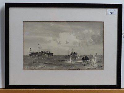 Lot 327 - δ NORMAN WILKINSON (BRITISH, 1878- 1971) - Motor launches sinking a mine by rifle fire