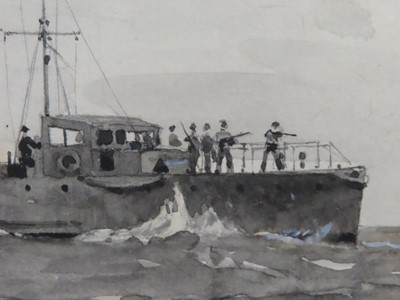 Lot 327 - δ NORMAN WILKINSON (BRITISH, 1878- 1971) - Motor launches sinking a mine by rifle fire