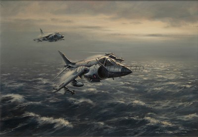 Lot 306 - RONALD WONG (20TH CENTURY) - A pair of sea harriers in the South Atlantic during the Falklands war in 1982