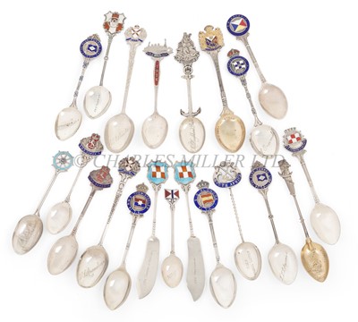 Lot 155 - A COLLECTION OF SILVER AND ENAMEL SOUVENIR SHIPS' SPOONS AND BUTTER SPREADERS