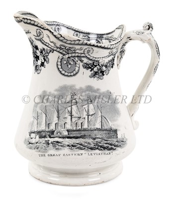 Lot 99 - A TRANSFER PRINTED CREAMWARE JUG WITH H.M.S. 'AGAMEMNON' AND 'THE GREAT EASTERN' / 'LEVIATHAN',19TH CENTURY