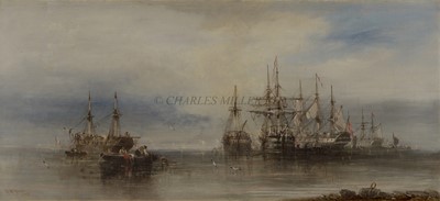 Lot 245 - WILLIAM McALPINE (BRITISH, FL. 1840-1880) - A squadron at anchor in a dead calm