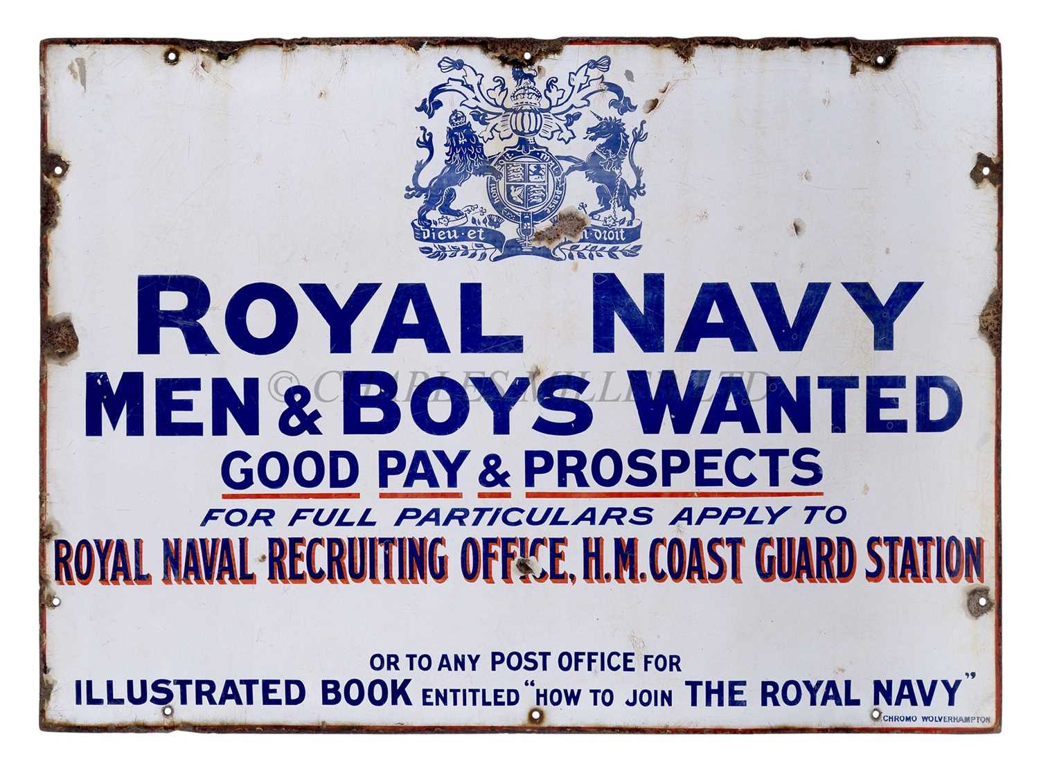 Lot 282 - A TIN-PLATE RECRUITING SIGN FOR THE ROYAL NAVY, CIRCA 1900