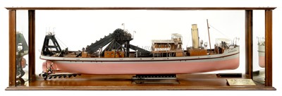 Lot 122 - A FINE BUILDER'S MIRROR-BACKED HALF MODEL OF THE BUCKET HOPPER DREDGER 'SIR WILLIAM MATTHEWS' BUILT BY FLEMING & FERGUSON, PAISLEY, FOR THE GOVERNMENT OF CEYLON, 1914