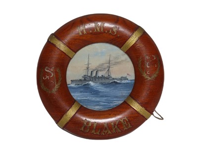 Lot 62 - A LIFE BUOY FRAMED ARTWORK OF H.M.S. BLAKE, CIRCA 1905