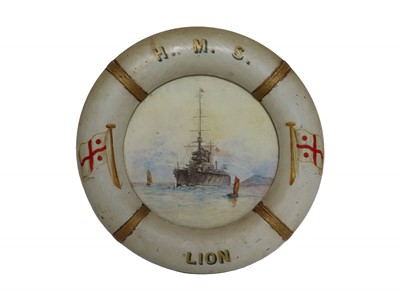 Lot 50 - A LIFE BUOY FRAMED ARTWORK OF H.M.S. 'LION', CIRCA 1913