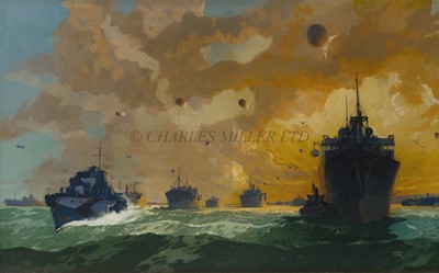 Lot 320 - LESLIE CARR (BRITISH, 1885-1948) A convoy mustering in Scapa Flow at dusk protected by barrage balloons with a dazzle camouflaged destroyer patrolling