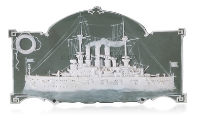 Lot 264 - A RARE IMPERIAL GERMAN PORCELAIN PLAQUE DEPICTING THE ARMOURED CRUISER PRINZ ADALBERT, 1900