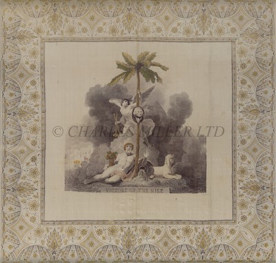 Lot 199 - A RARE AND LARGE VICTORS OF THE NILE COMMEMORATIVE SQUARE SILK SHAWL, CIRCA 1800