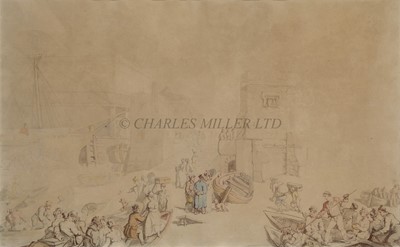 Lot 237 - THOMAS ROWLANDSON (BRITISH, 1756-1827) - A busy view of boatmen and passengers, Portsmouth, circa 1815