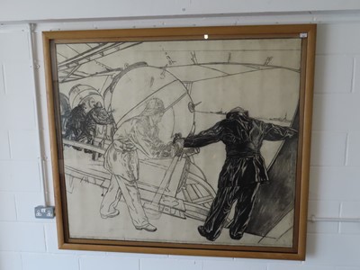 Lot 326 - DAVID MUIRHEAD BONE (SCOTTISH, 1876-1953) Gridded study for 'Winter Mine-Laying off Iceland, circa 1942'