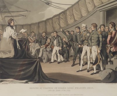 Lot 99 - AN AQUATINT SAILORS AT PRAYER ON BOARD LORD NELSON'S SHIP, AFTER THE BATTLE OF THE NILE