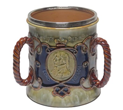 Lot 64 - A SILVER MOUNTED LAMBETH WARE TRAFALGAR CENTENARY TYG BY ROYAL DOULTON, CIRCA 1905