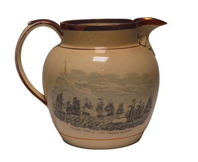 Lot 71 - A SUNDERLAND WARE TRANSFER PRINT JUG COMMEMORATING COMMODORE PERRY'S VICTORIES, CIRCA 1820