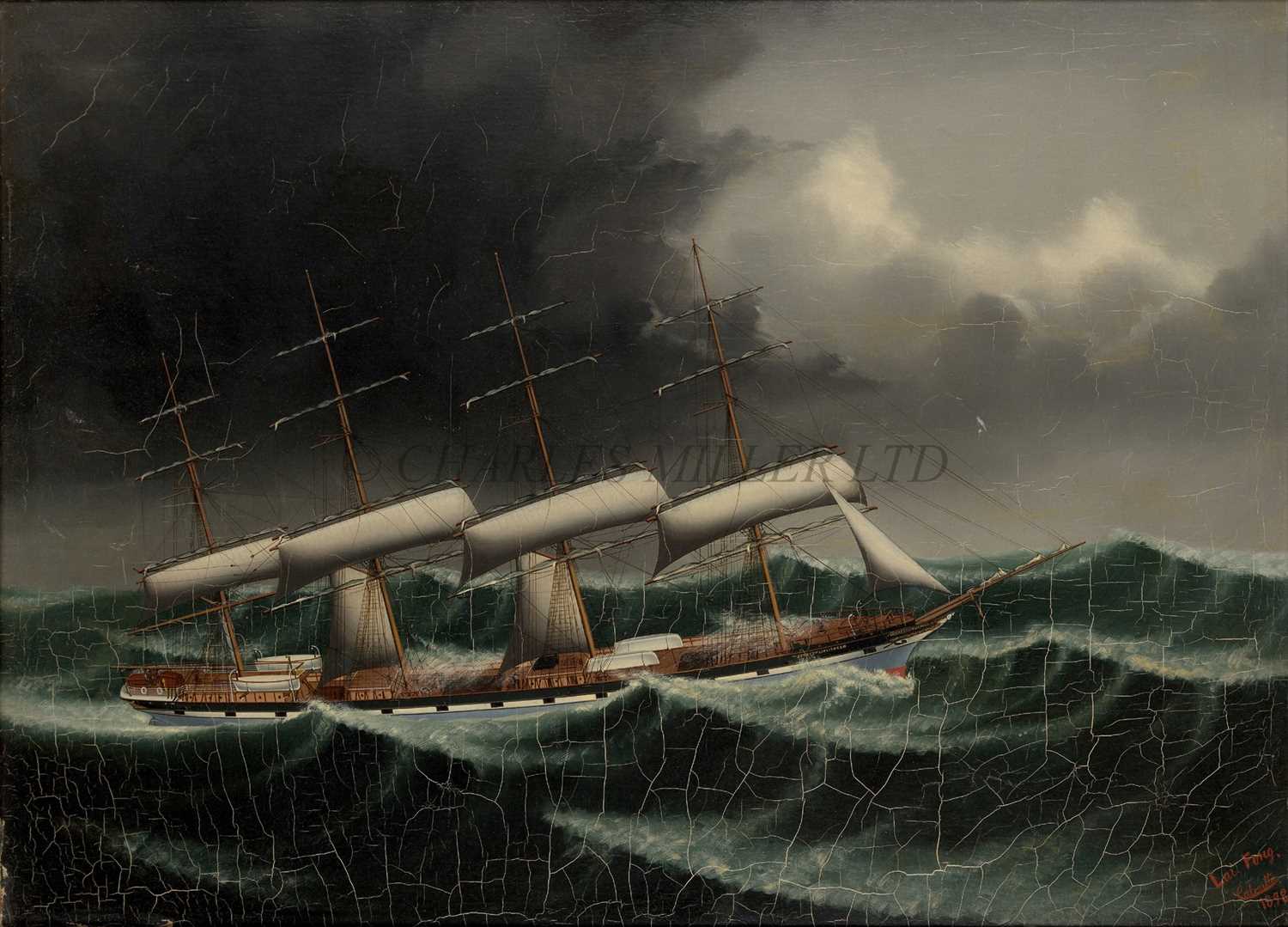 Lot 32 - LAI FONG OF CALCUTTA (CHINESE, ACT. C. 1870-1910) The ship 'Country of Linlithgow' running under shortened sail in high seas