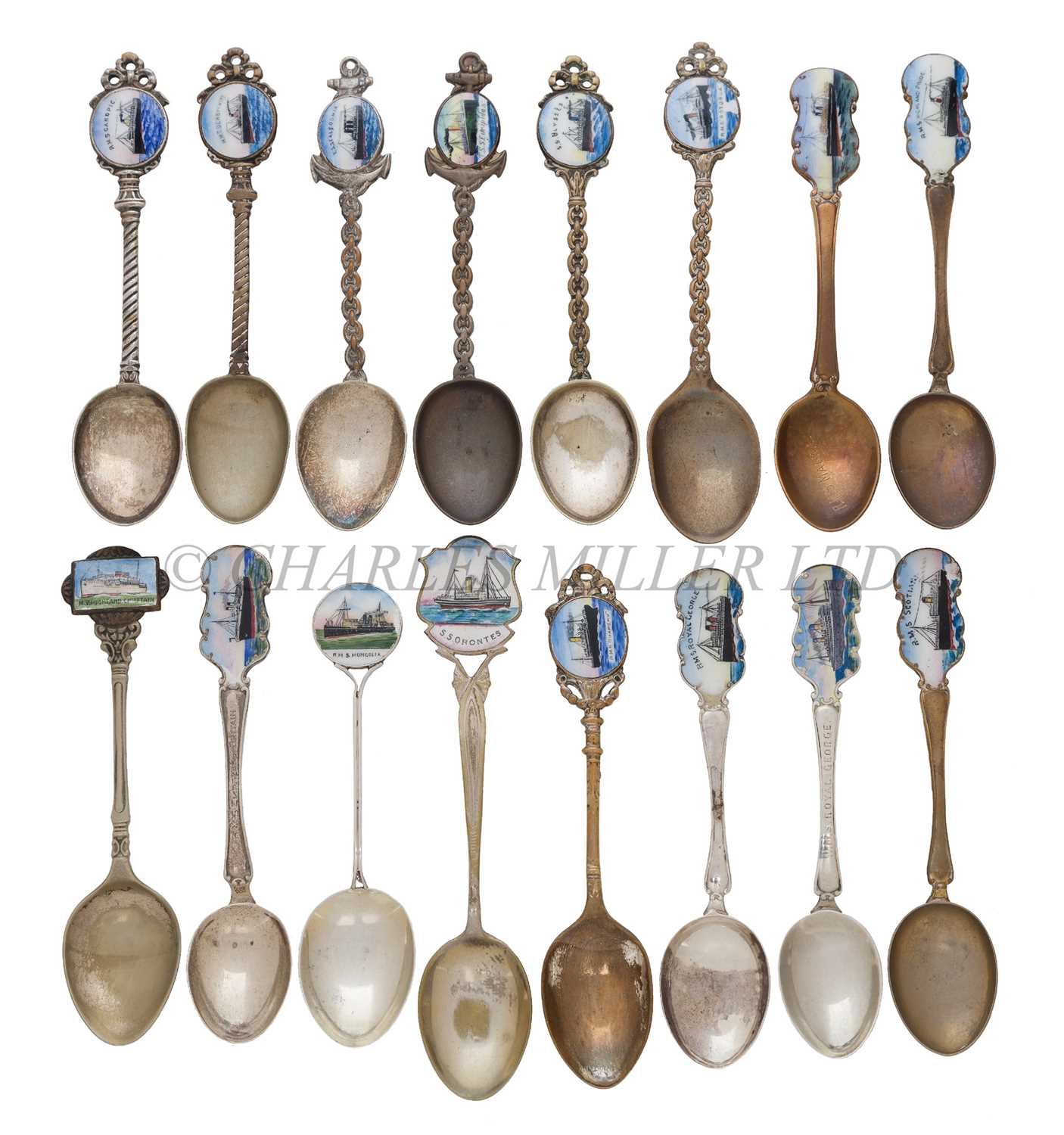 Lot 109 - A COLLECTION OF OCEAN LINER SILVER, ENAMEL AND SILVER-PLATED SOUVENIR SPOONS